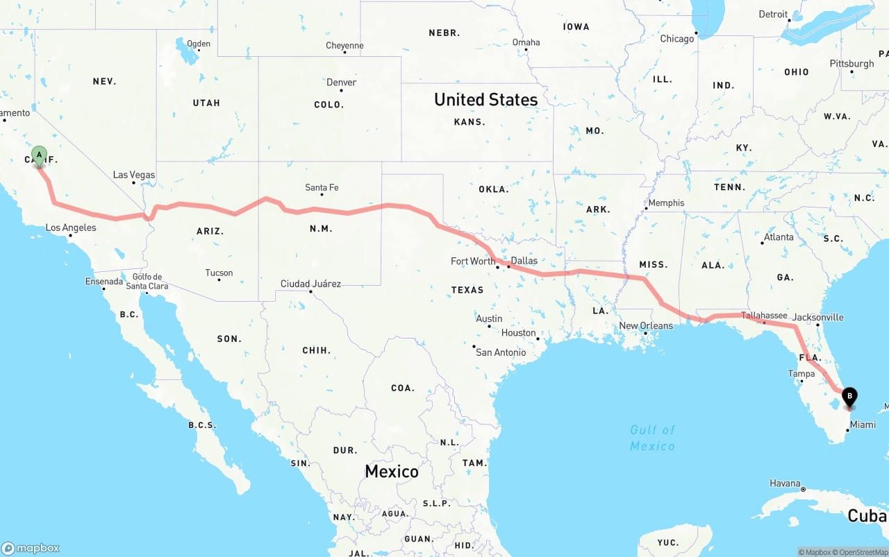 Shipping route from Fresno to Palm Beach International Airport