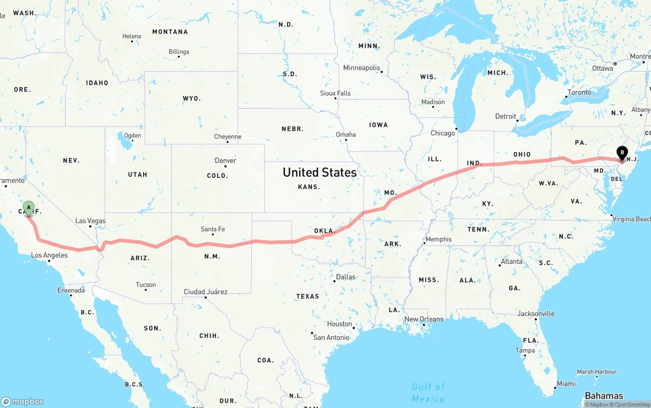 Shipping route from Fresno to Philadelphia