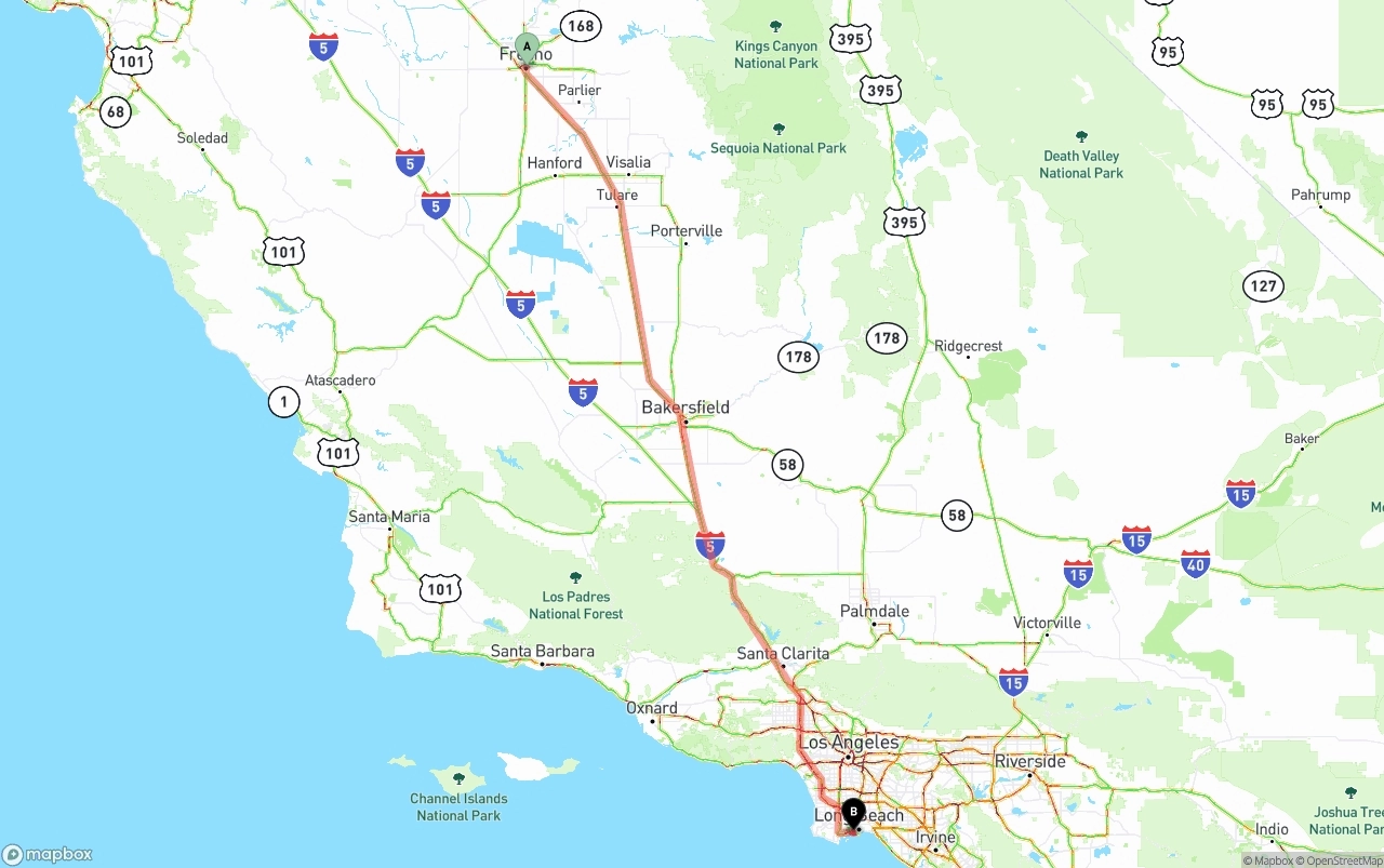 Shipping route from Fresno to Port of Long Beach