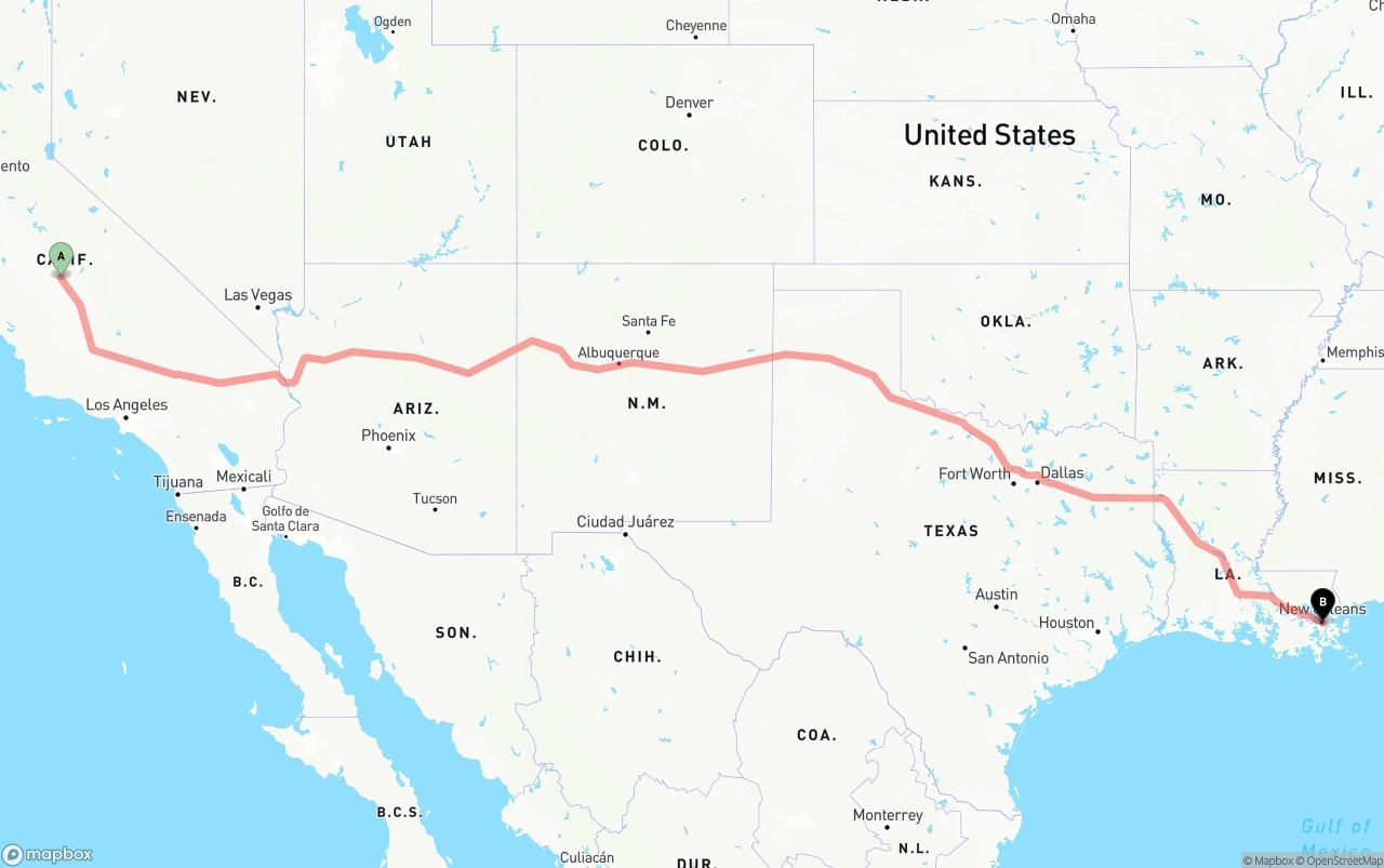 Shipping route from Fresno to Port of New Orleans