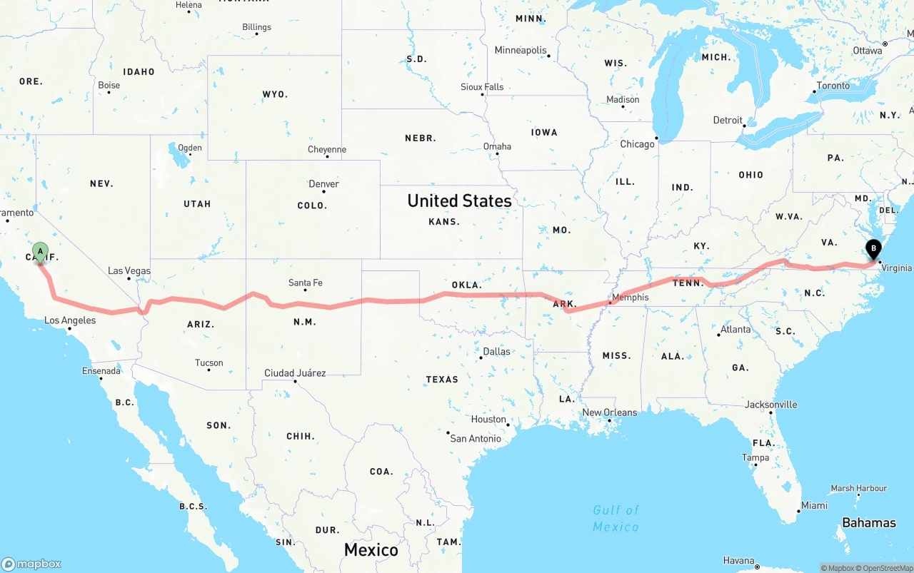 Shipping route from Fresno to Port of Norfolk