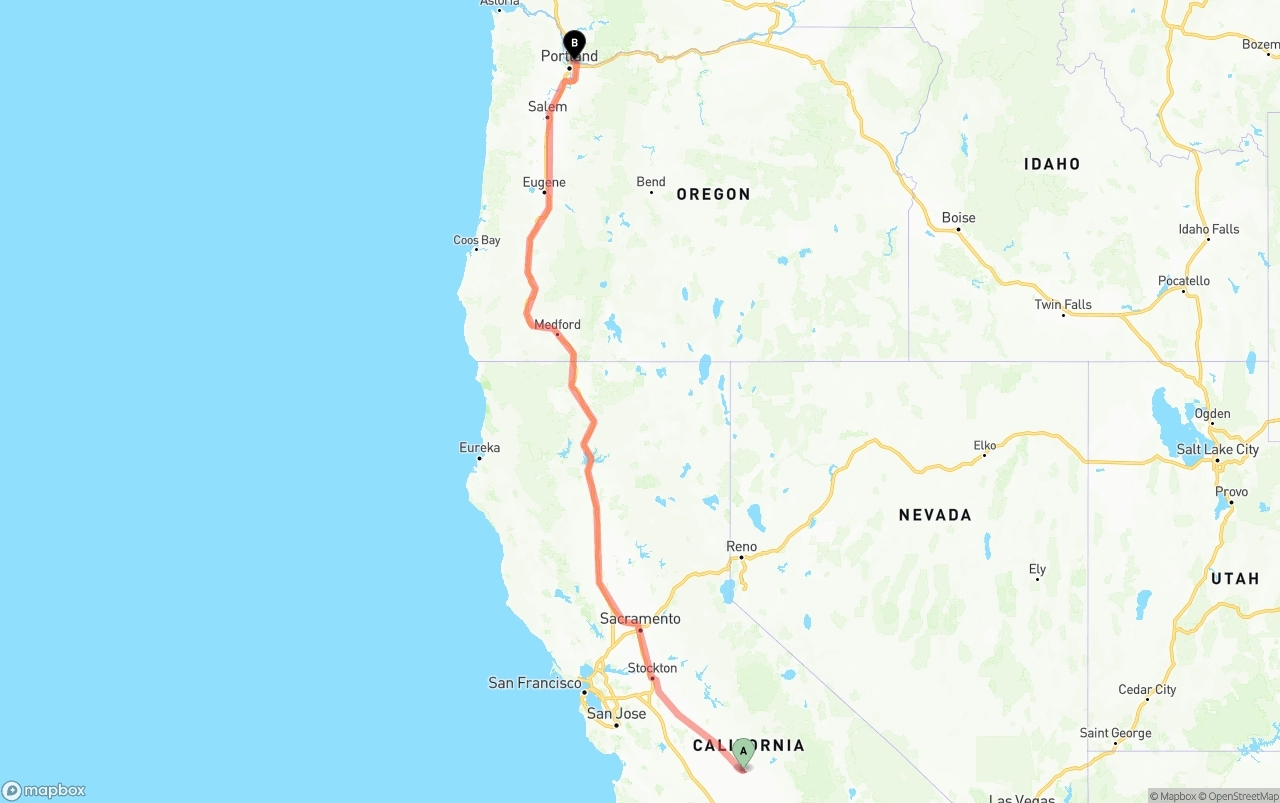Shipping route from Fresno to Port of Portland