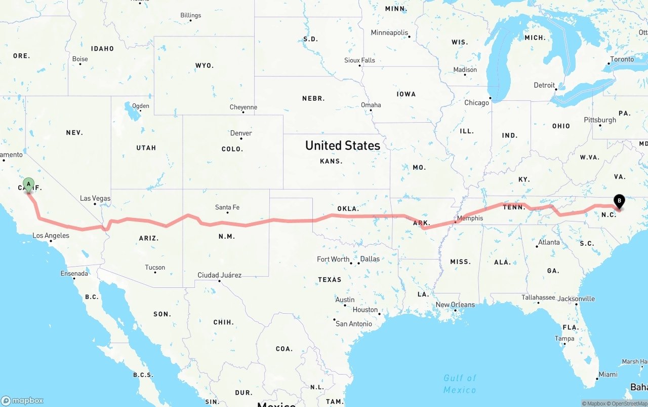 Shipping route from Fresno to Raleigh