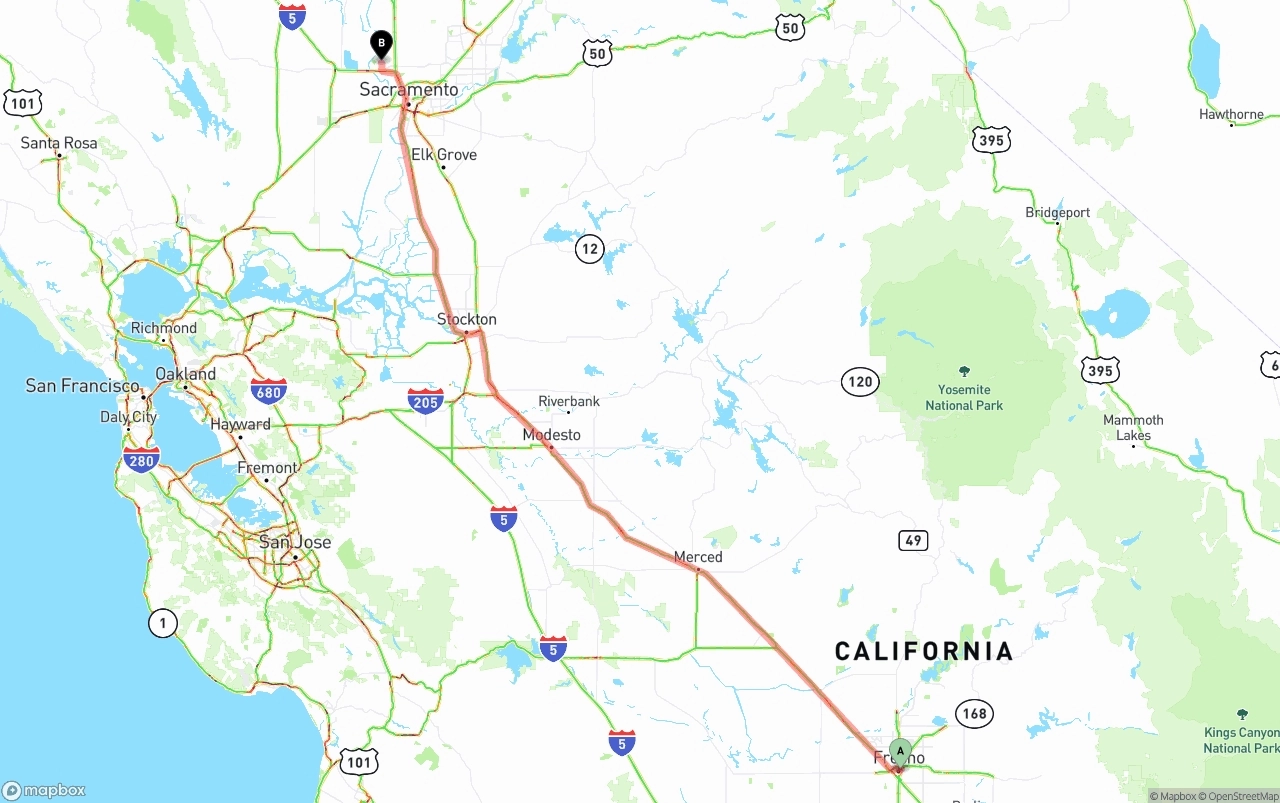 Shipping route from Fresno to Sacramento International Airport