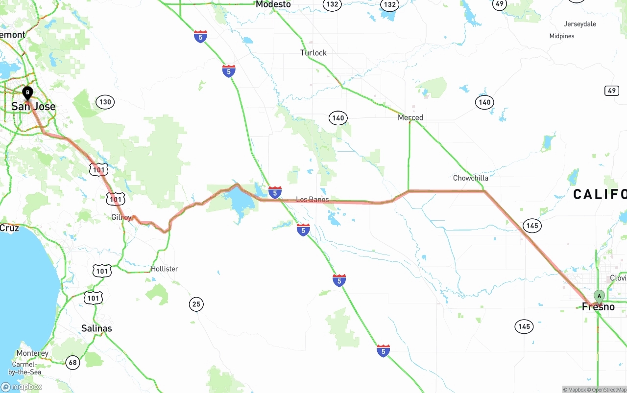 Shipping route from Fresno to San Jose