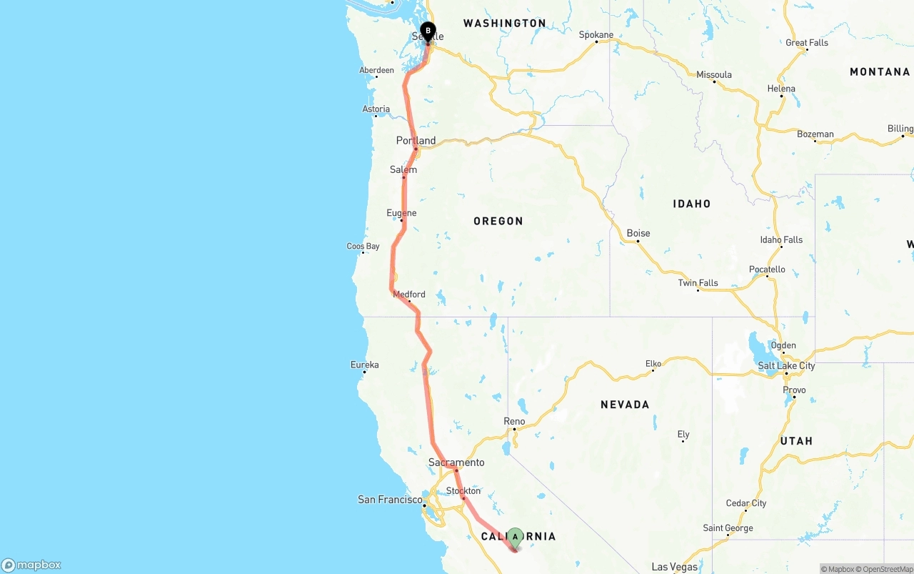 Shipping route from Fresno to Seattle