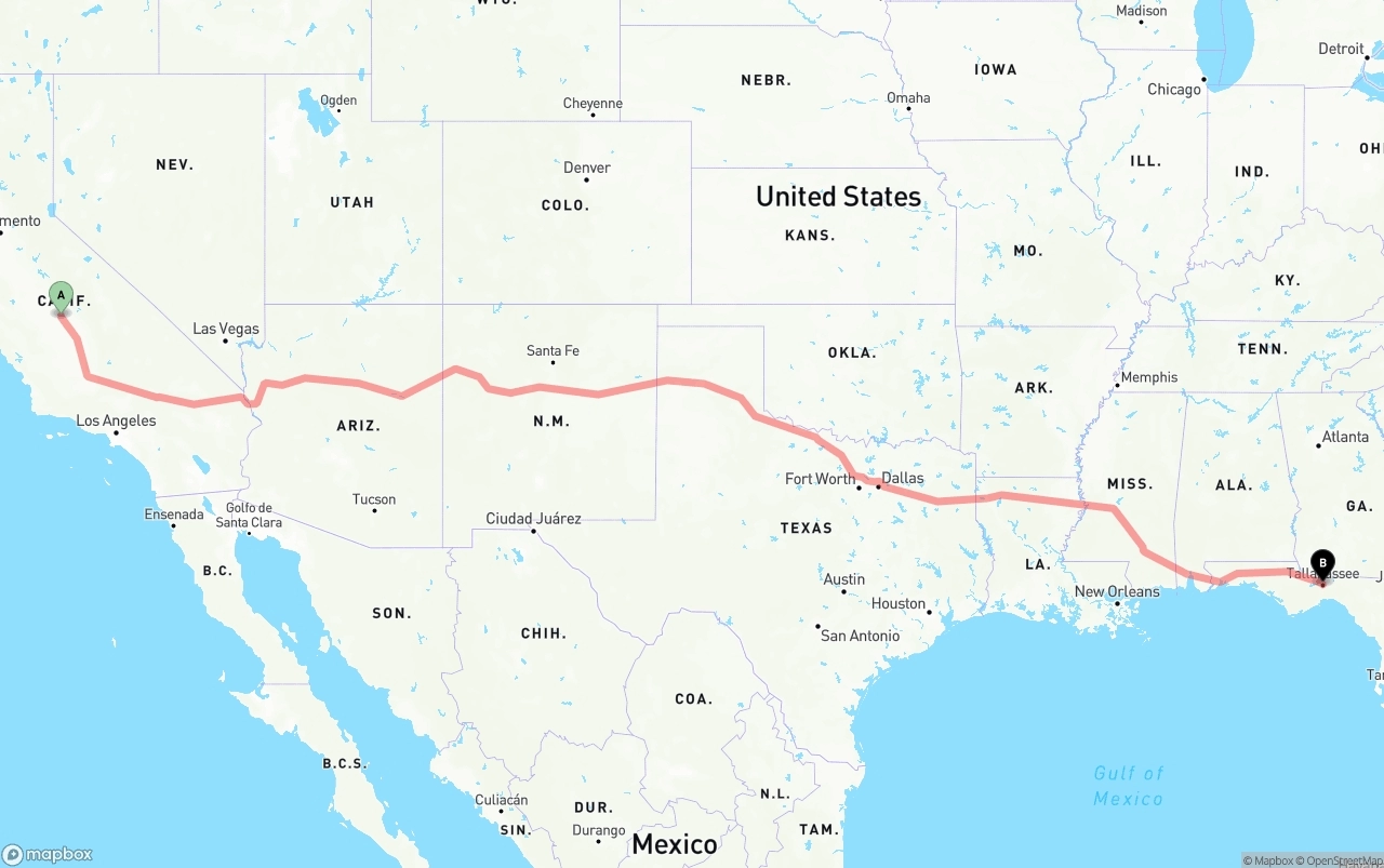 Shipping route from Fresno to Tallahassee