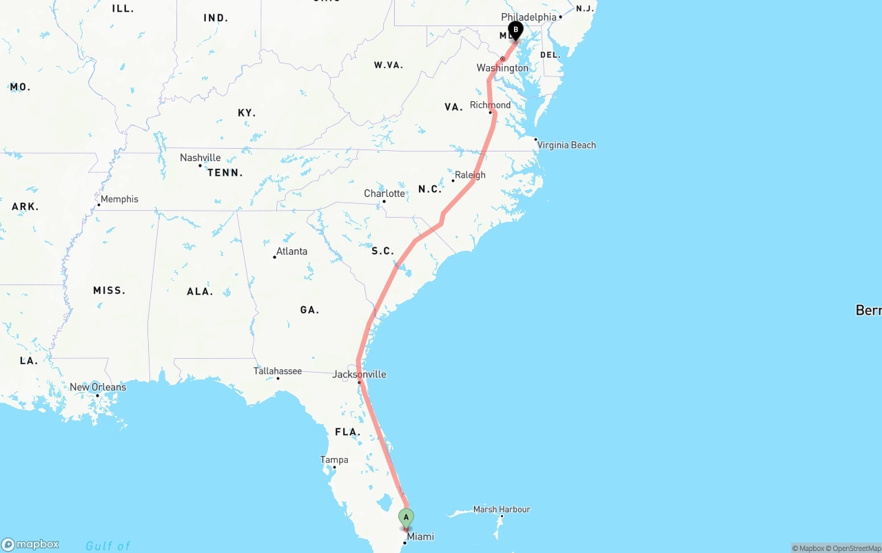 Shipping route from Ft. Lauderdale to Baltimore