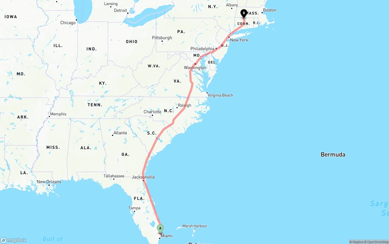 Shipping route from Ft. Lauderdale to Bradley International Airport