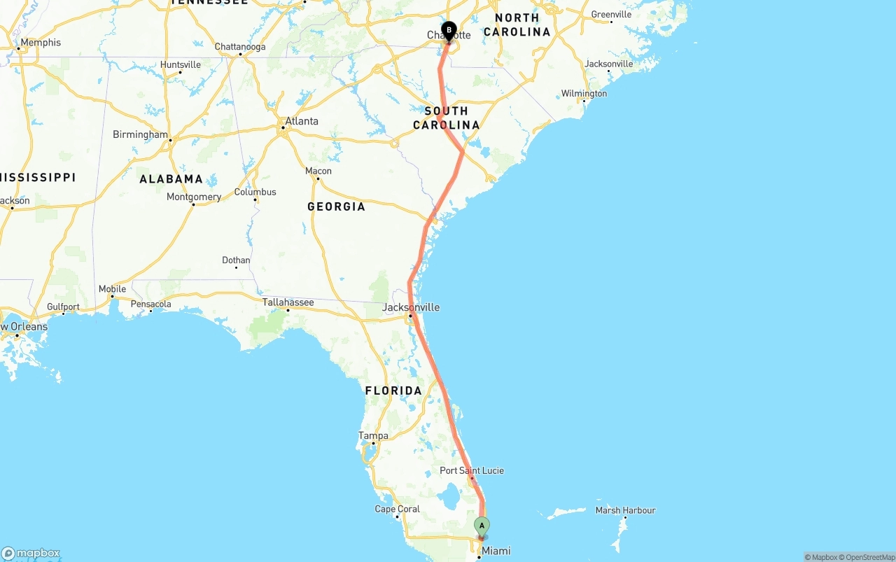 Shipping route from Ft. Lauderdale to Charlotte