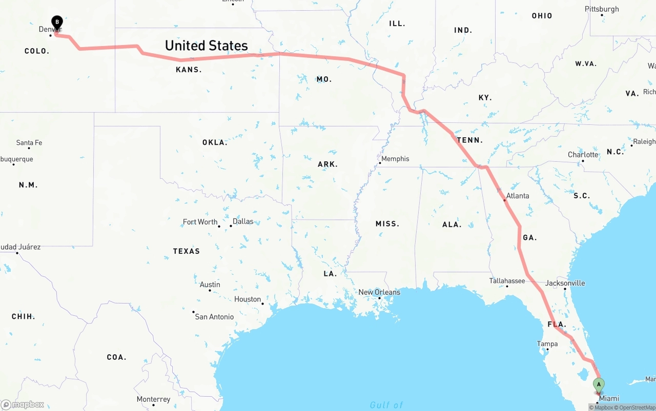 Shipping route from Ft. Lauderdale to Denver International Airport