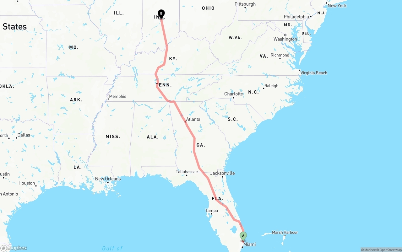 Shipping route from Ft. Lauderdale to Indianapolis