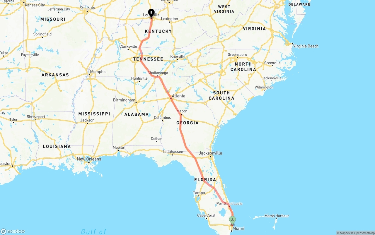 Shipping route from Ft. Lauderdale to Louisville