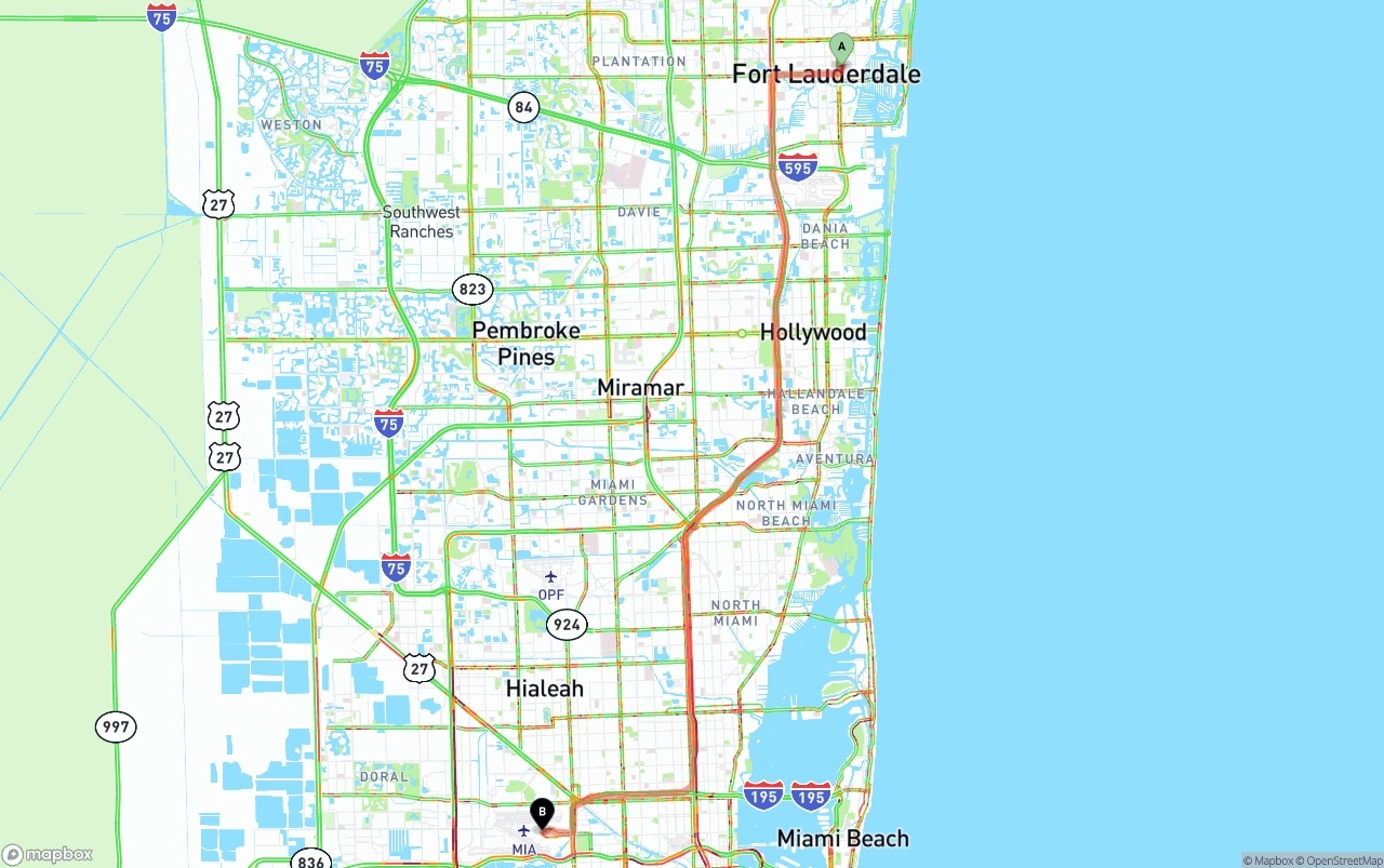 Shipping route from Ft. Lauderdale to Miami International Airport