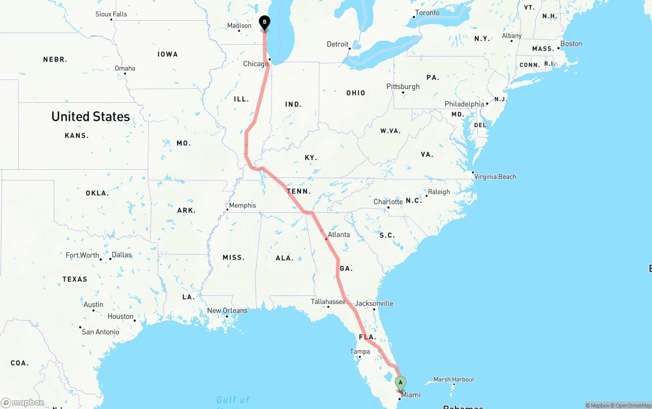 Shipping route from Ft. Lauderdale to Milwaukee