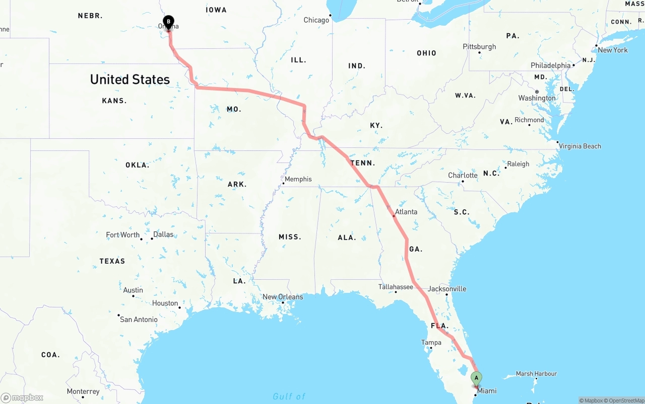 Shipping route from Ft. Lauderdale to Omaha