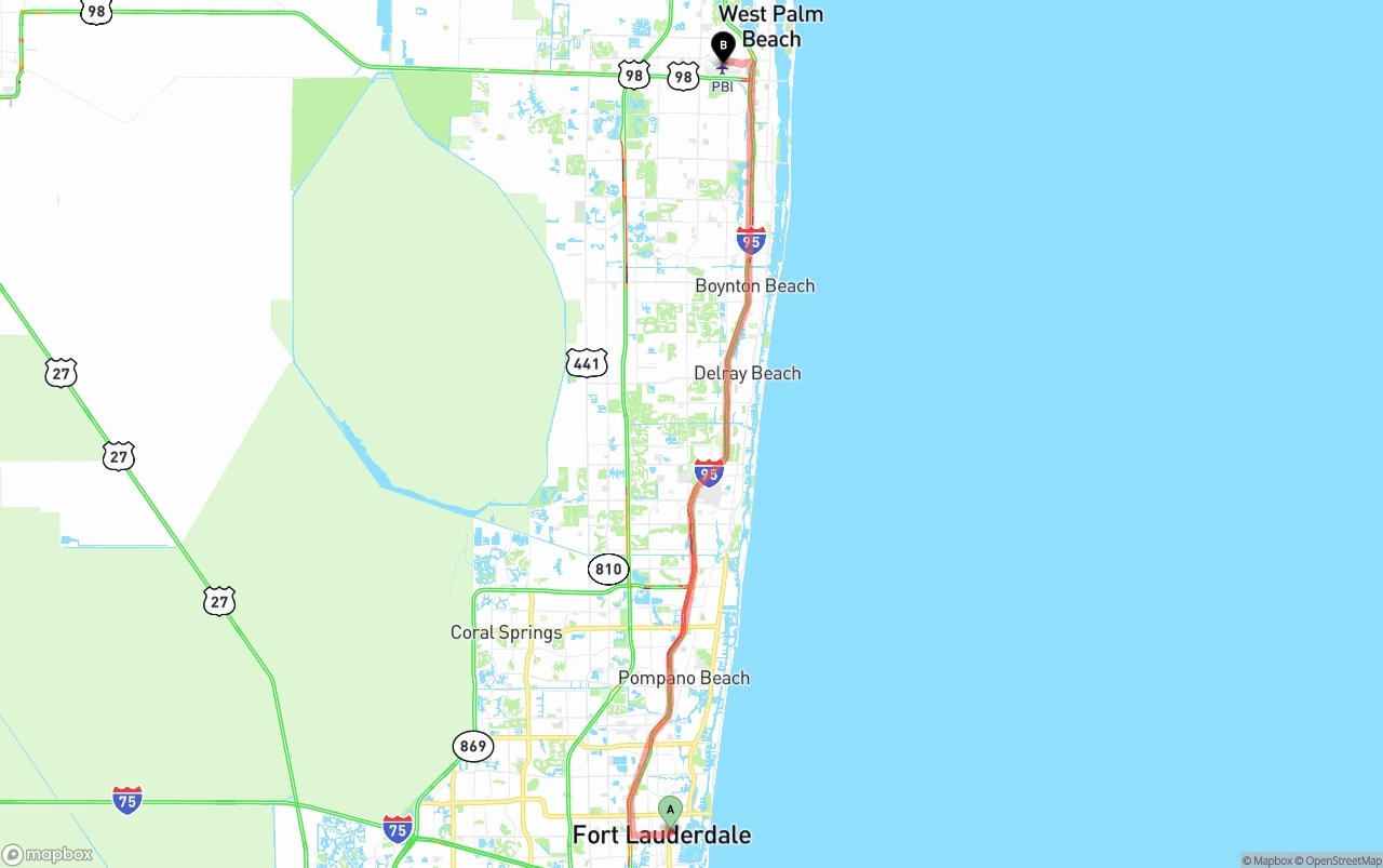 Shipping route from Ft. Lauderdale to Palm Beach International Airport