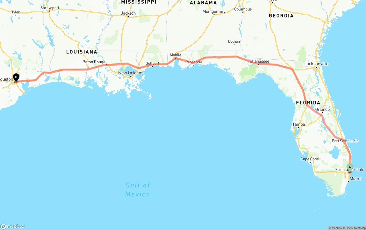 Shipping route from Ft. Lauderdale to Port of Houston