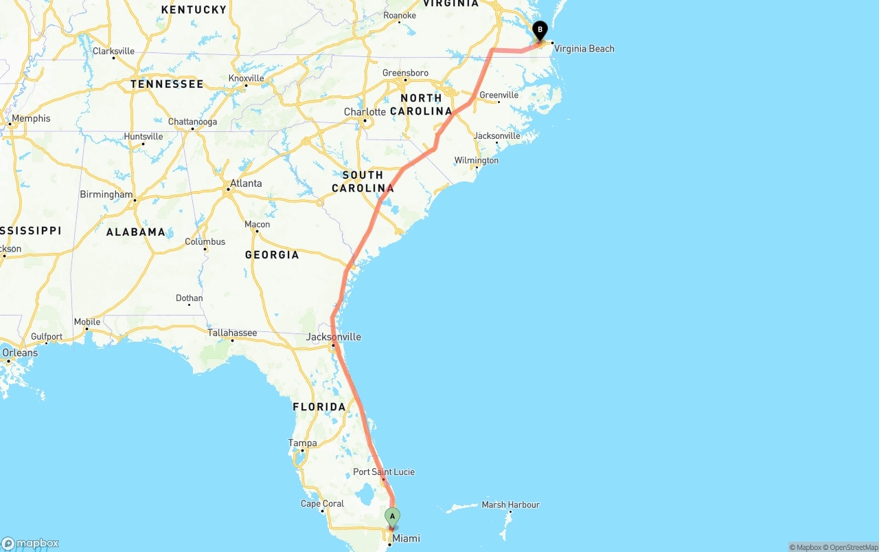 Shipping route from Ft. Lauderdale to Port of Norfolk