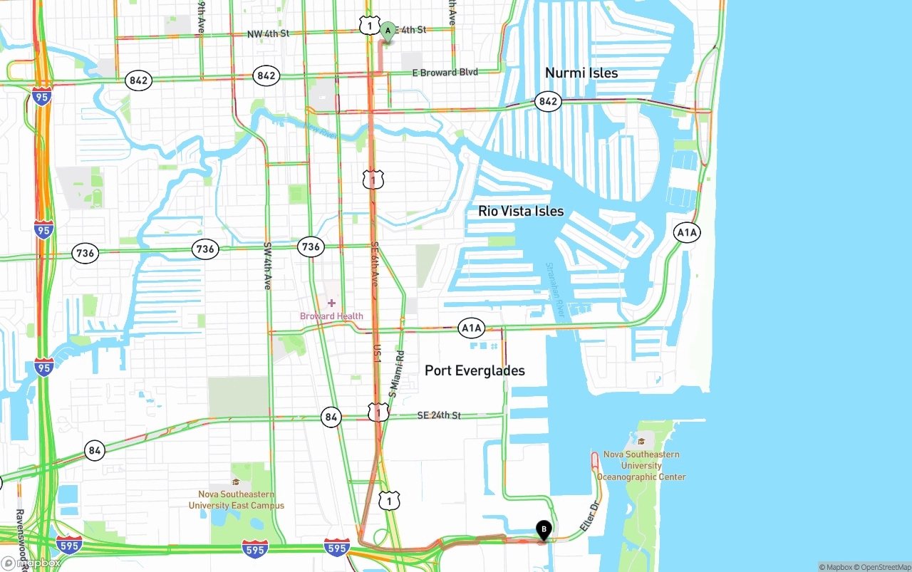 Shipping route from Ft. Lauderdale to Port of Port Everglades