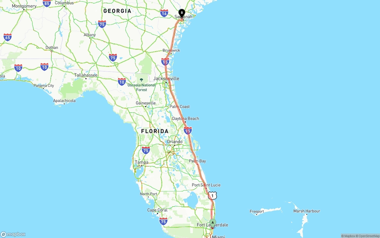 Shipping route from Ft. Lauderdale to Port of Savannah