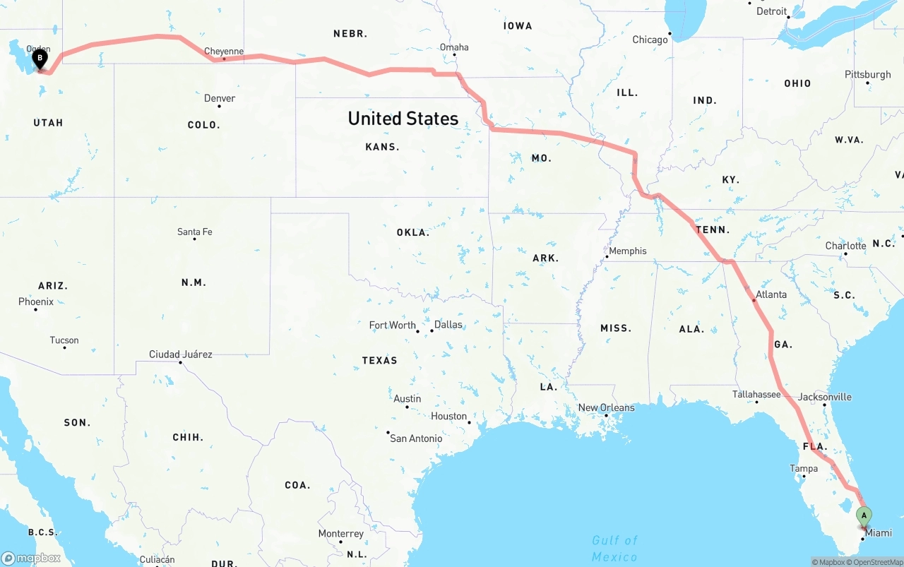 Shipping route from Ft. Lauderdale to Salt Lake City
