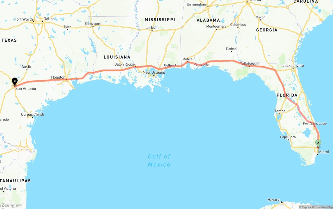 Shipping route from Ft. Lauderdale to San Antonio