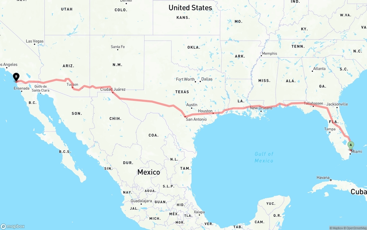 Shipping route from Ft. Lauderdale to San Diego International Airport