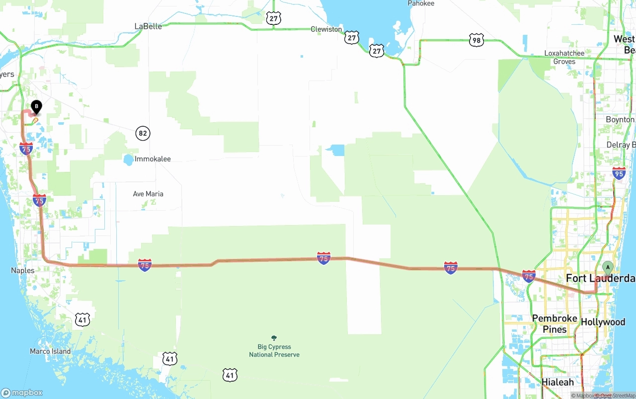 Shipping route from Ft. Lauderdale to Southwest Florida International Airport