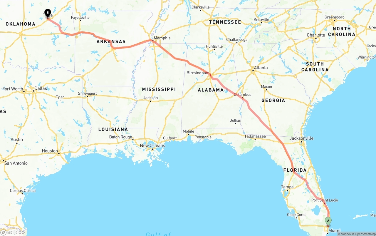 Shipping route from Ft. Lauderdale to Tulsa