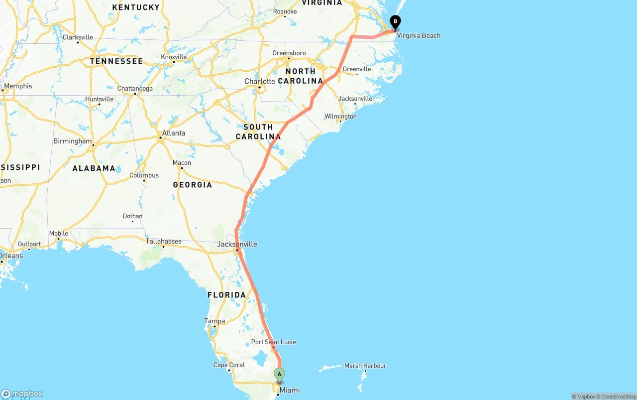 Shipping route from Ft. Lauderdale to Virginia Beach
