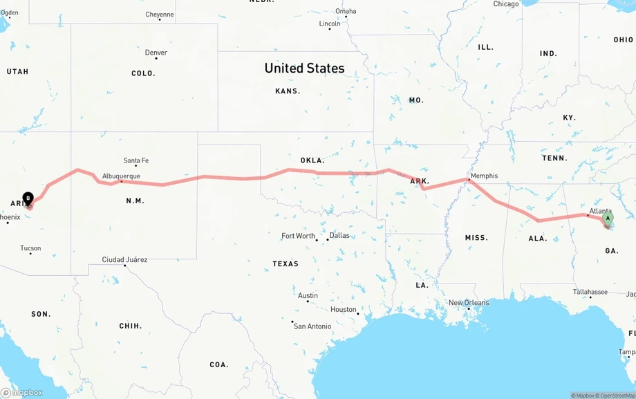Georgia to Arizona freight shipping route map