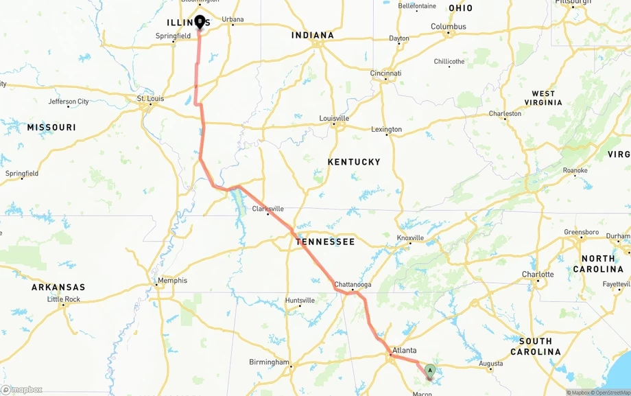 Georgia to Illinois freight shipping route map