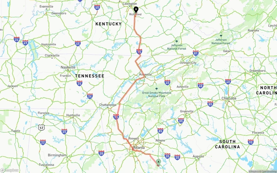 Georgia to Kentucky freight shipping route map