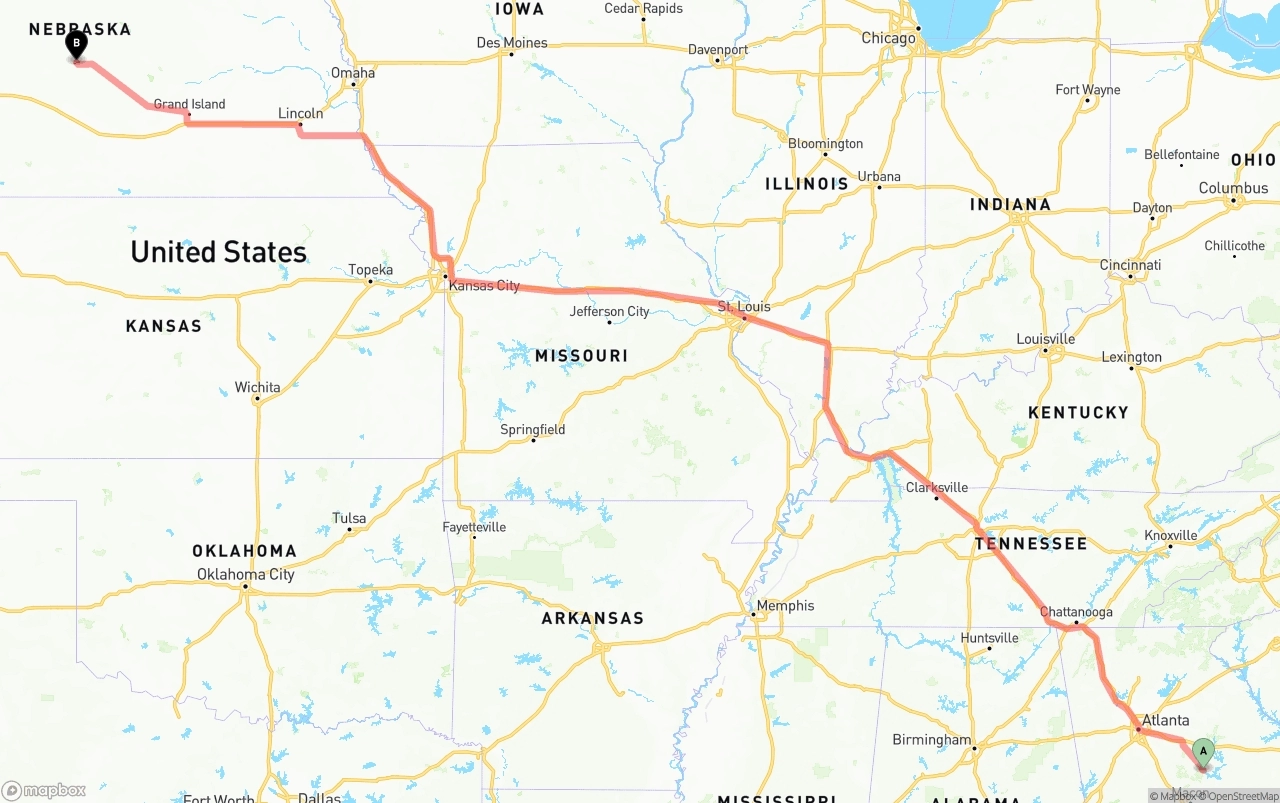Shipping route from Georgia to Nebraska