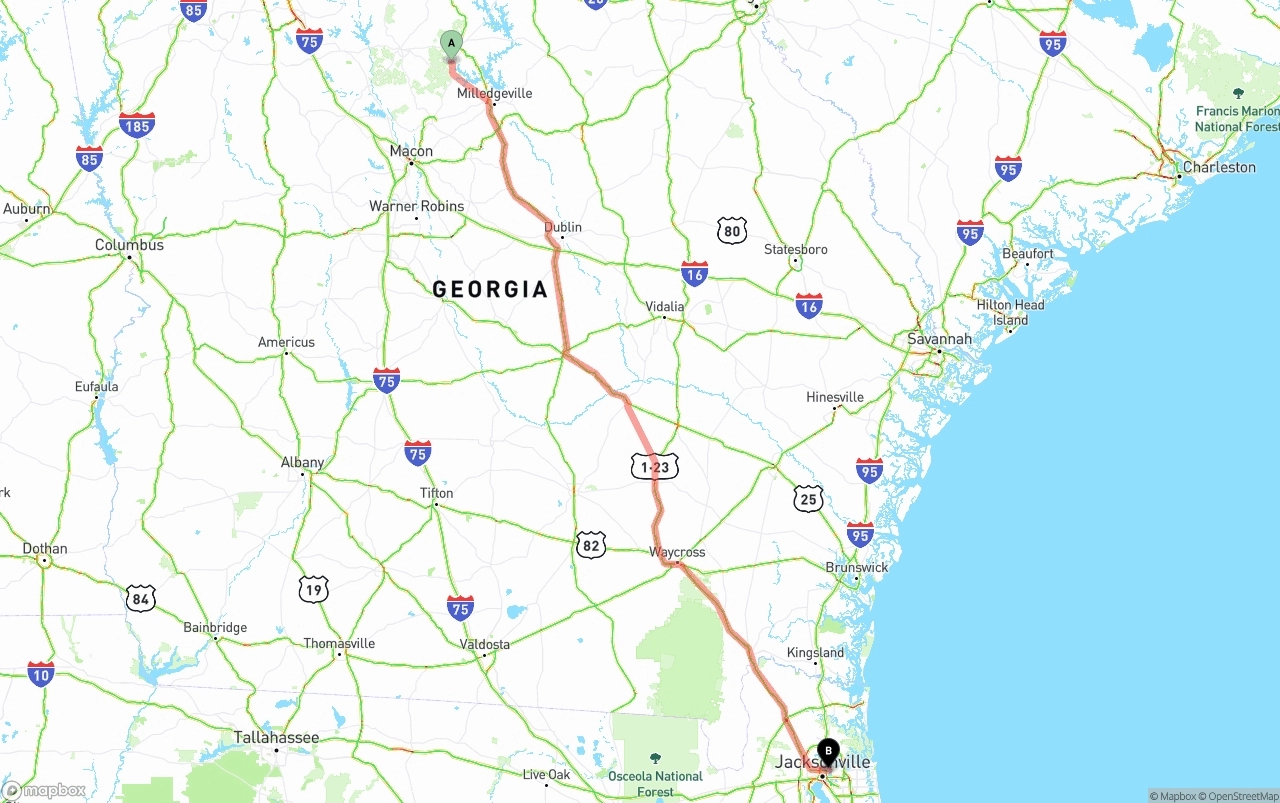 Shipping route from Georgia to Port of Jacksonville