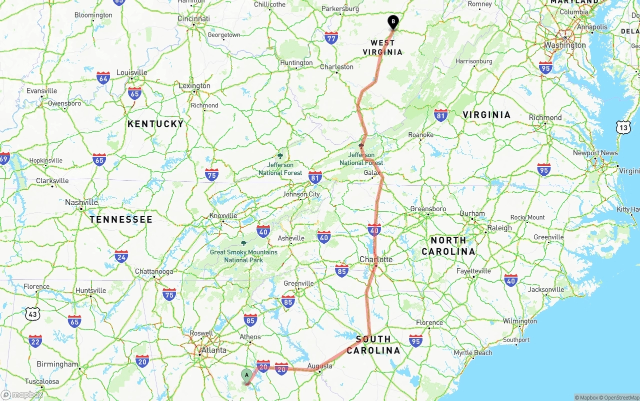 Shipping route from Georgia to West Virginia