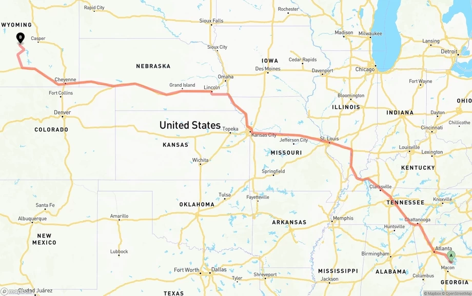 Georgia to Wyoming freight shipping route map