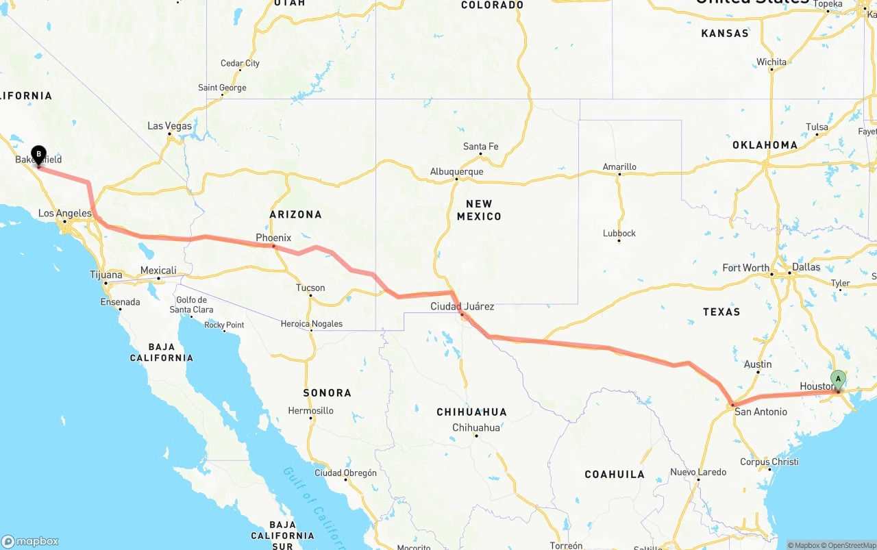 Shipping route from Houston to Bakersfield