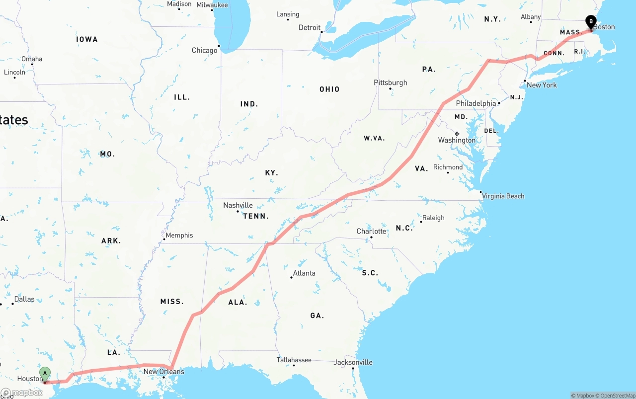 Shipping route from Houston to Boston