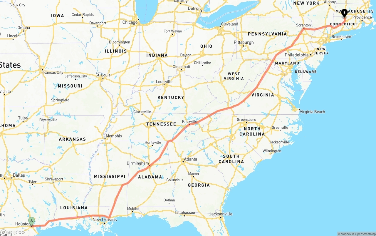 Shipping route from Houston to Bradley International Airport