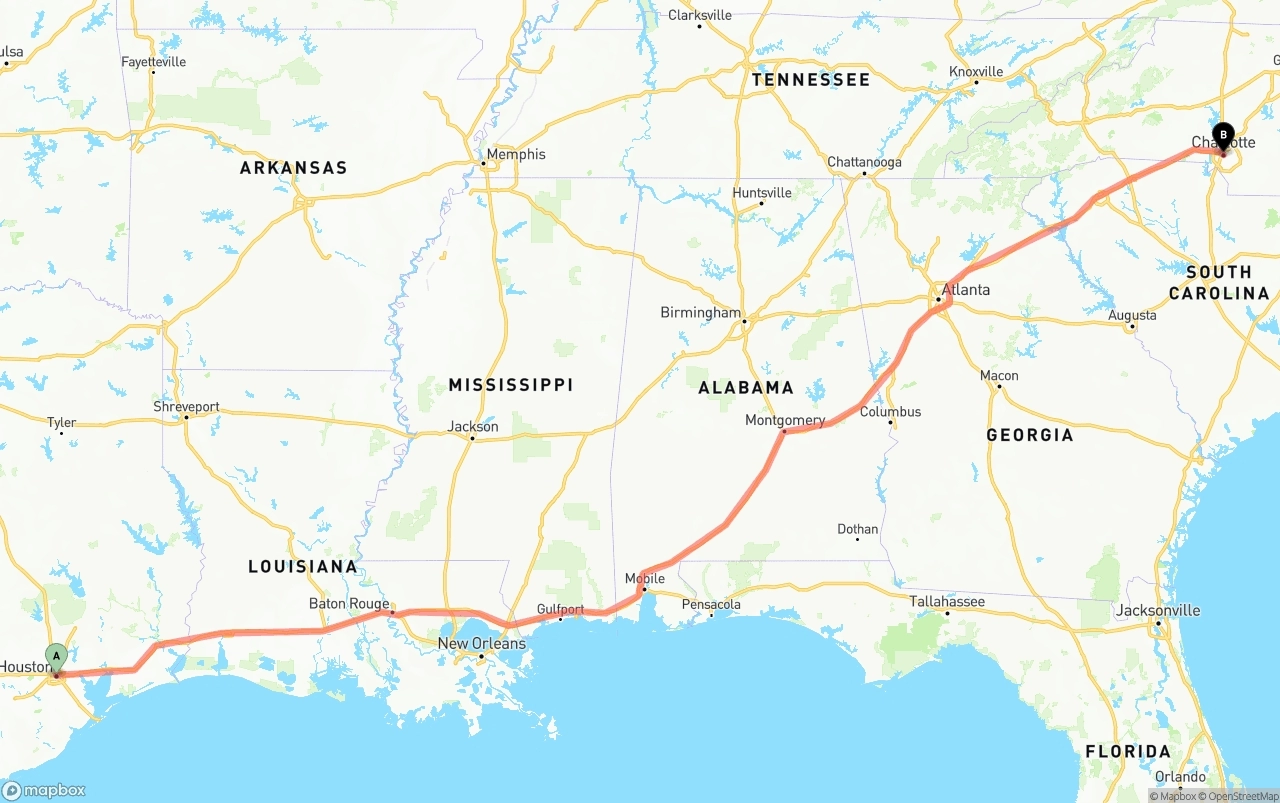Shipping route from Houston to Charlotte