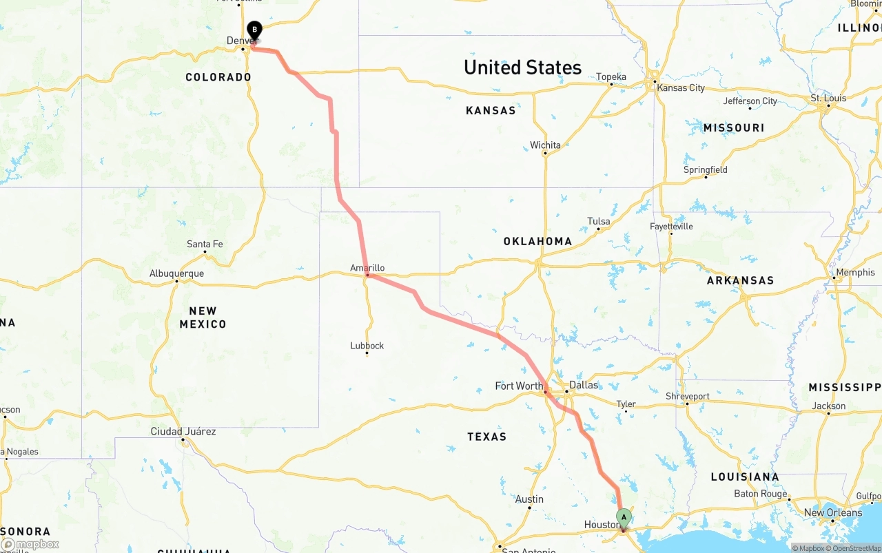 Shipping route from Houston to Denver International Airport