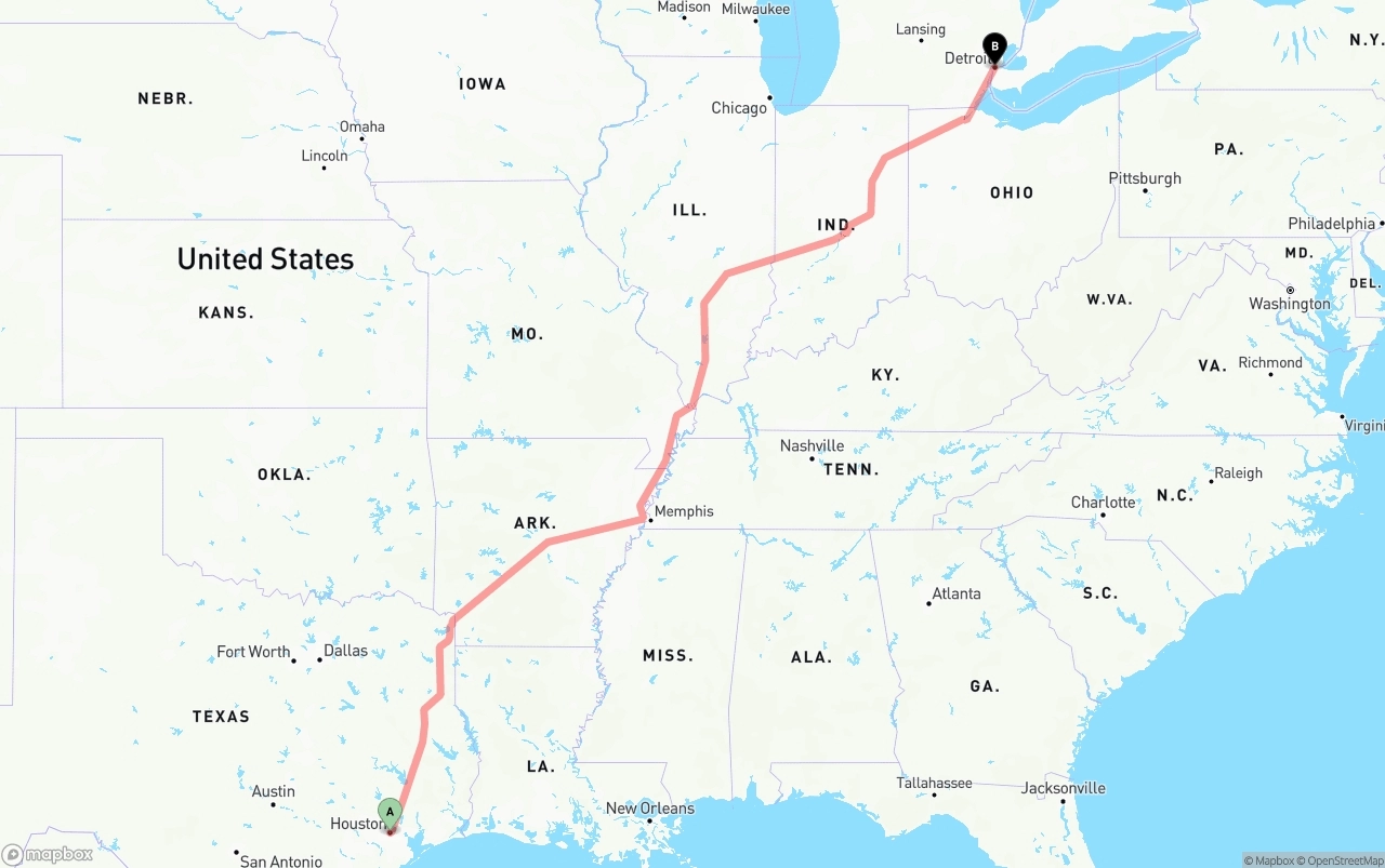 Shipping route from Houston to Detroit