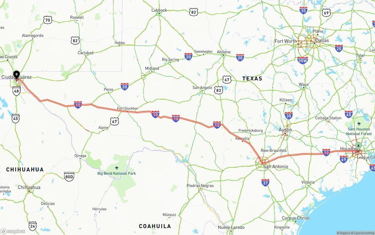 Shipping route from Houston to El Paso