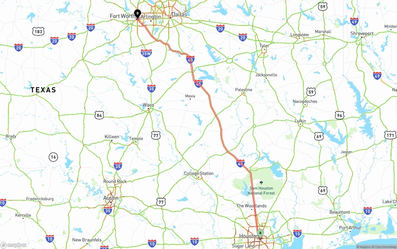 Shipping route from Houston to Fort Worth
