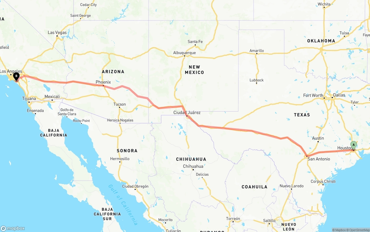 Shipping route from Houston to John Wayne Airport — Orange County