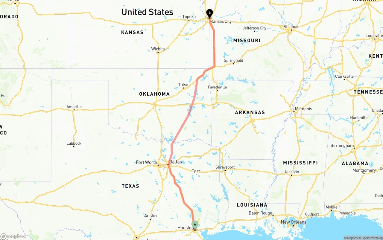 Shipping route from Houston to Kansas City
