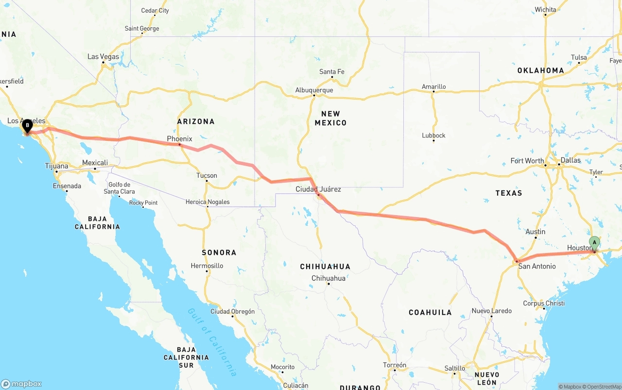 Shipping route from Houston to Long Beach