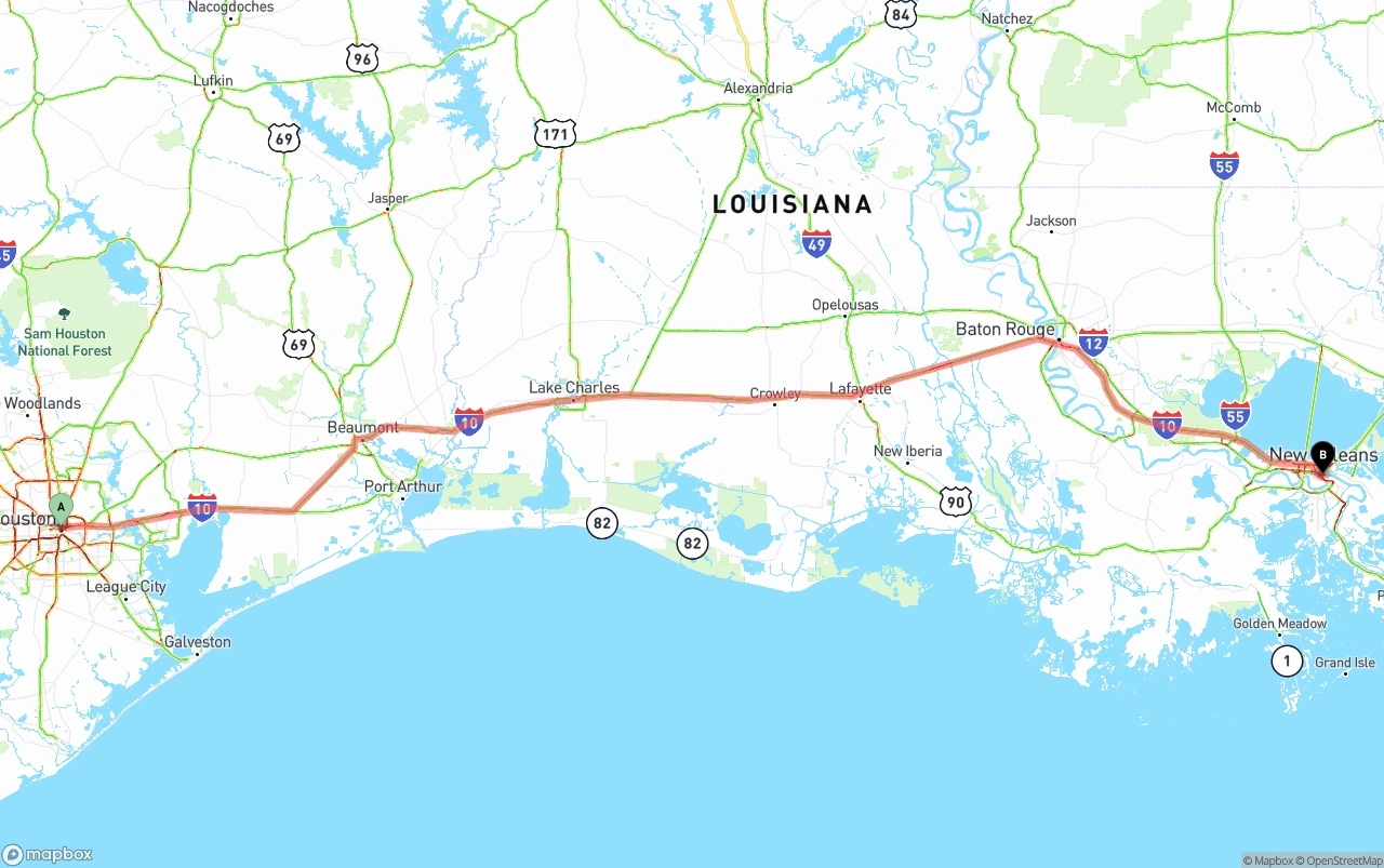 Shipping route from Houston to New Orleans